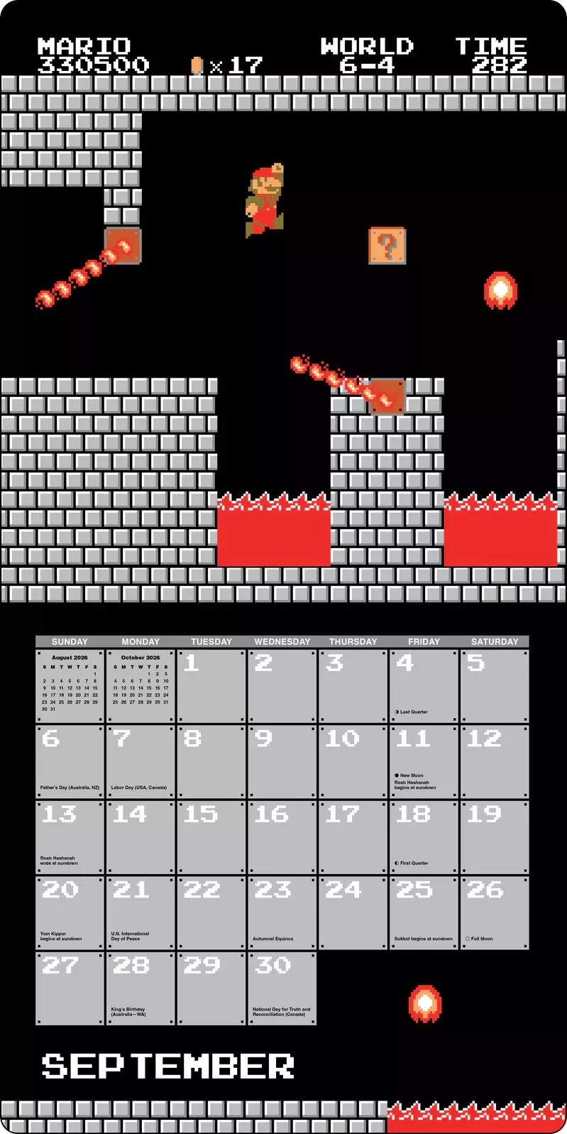 Super Mario Bros. 8-Bit Retro 2026 Wall Calendar + 6 Bonus Die-Cut Notecards