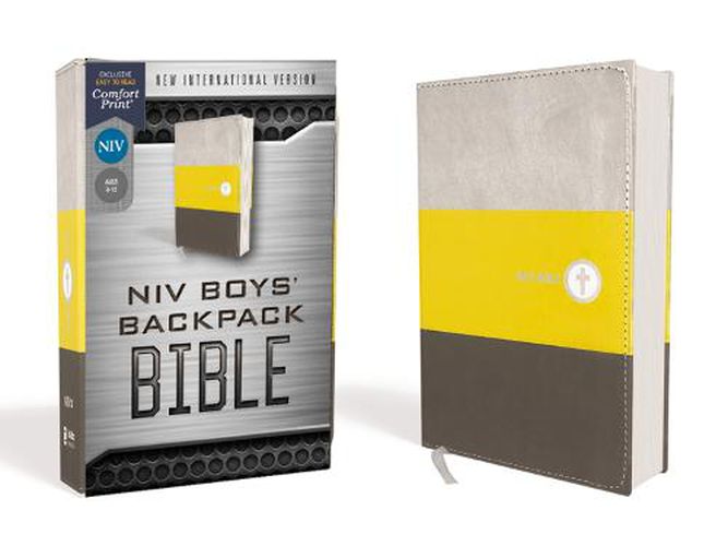 Cover image for NIV, Boys' Backpack Bible, Compact, Leathersoft, Yellow/Gray, Red Letter, Comfort Print