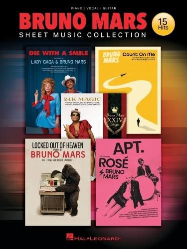 Cover image for Bruno Mars Sheet Music Collection: 15 of Bruno's Biggest Hits Arranged for Piano, Voice, and Guitar, with Chord Symbols, Guitar Chord Frames, and Full Lyrics