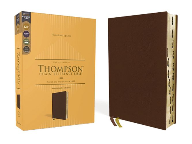 Cover image for KJV, Thompson Chain-Reference Bible, Genuine Leather, Calfskin, Brown, Art Gilded Edges, Red Letter, Thumb Indexed, Comfort Print