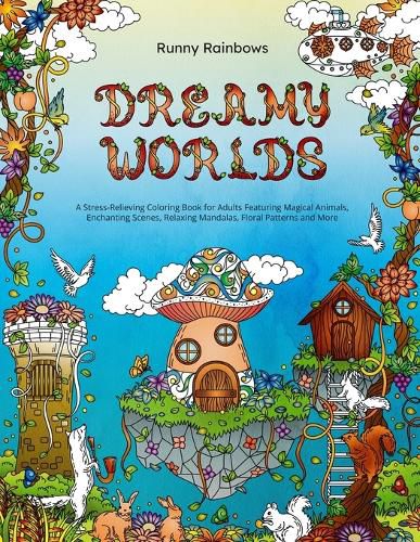 Cover image for Dreamy Worlds: A Stress-Relieving Coloring Book for Adults Featuring Magical Animals, Enchanting Scenes, Relaxing Mandalas, Floral Patterns and More