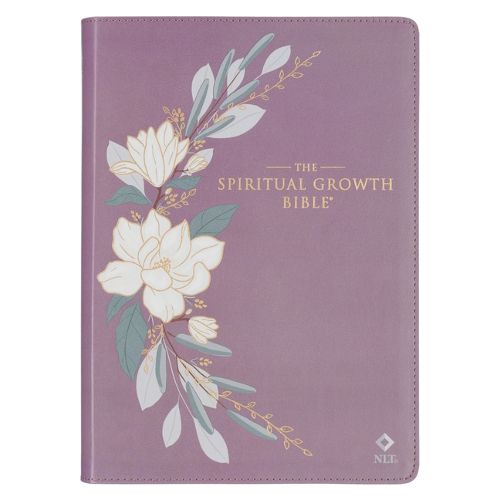 Cover image for The Spiritual Growth Bible, Study Bible, NLT - New Living Translation Holy Bible, Vegan Leather, Purple Printed Floral