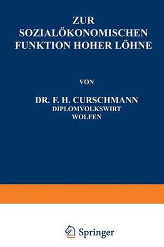 Cover image for Zur Sozialoekonomischen Funktion Hoher Loehne