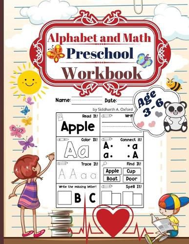 Cover image for Alphabet and math preschool workbook age 3-6: Preschool to Kindergarten ABCs Reading and Writing, beginner Math Preschool Learning Book with Number Tracing and Matching Activities 72 pages