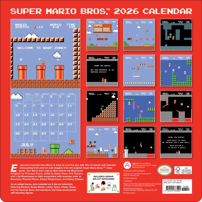Super Mario Bros. 8-Bit Retro 2026 Wall Calendar + 6 Bonus Die-Cut Notecards