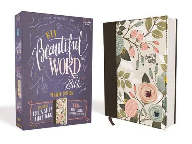 Cover image for NIV, Beautiful Word Bible, Updated Edition, Peel/Stick Bible Tabs, Cloth over Board, Floral, Red Letter, Comfort Print: 600+ Full-Color Illustrated Verses