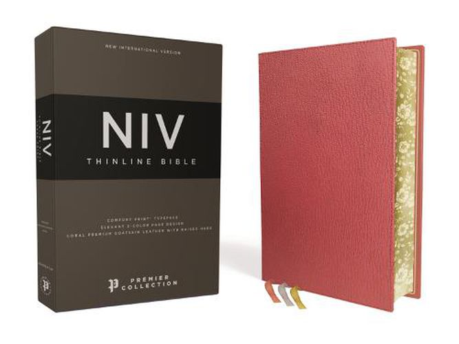 Cover image for NIV, Thinline Bible, Premium Goatskin Leather, Coral, Premier Collection, Black Letter, Gauffered Edges, Comfort Print