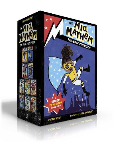 Cover image for The Mia Mayhem Ten-Book Collection: Mia Mayhem Is a Superhero!; Learns to Fly!; vs. the Super Bully; Breaks Down Walls; Stops Time!; vs. the Mighty Robot; Gets X-Ray Specs; Steals the Show!; and the Super Family Field Day; and the Super Switcheroo