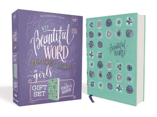 Cover image for NIV, Beautiful Word Coloring Bible for Girls Pencil/Sticker Gift Set, Updated, Leathersoft over Board, Teal, Comfort Print: 600+ Verses to Color