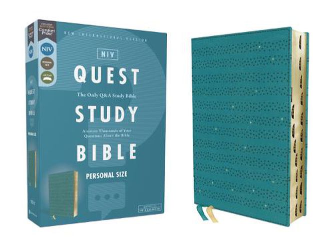 Cover image for NIV, Quest Study Bible, Personal Size, Leathersoft, Teal, Thumb Indexed, Comfort Print: The Only Q and A Study Bible