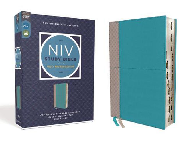 Cover image for NIV Study Bible, Fully Revised Edition, Leathersoft, Teal/Gray, Red Letter, Thumb Indexed, Comfort Print