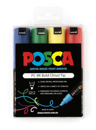 Cover image for Uni Posca Marker 8.0mm Chisel Tip Bold Assorted 4 Pack