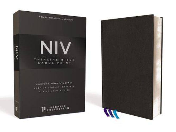 Cover image for NIV, Thinline Bible, Large Print, Premium Goatskin Leather, Black, Premier Collection, Black Letter, Art Gilded Edges, Comfort Print