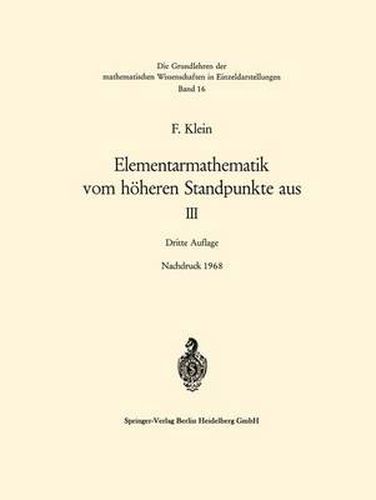 Cover image for Elementarmathematik Vom Hoheren Standpunkete Aus III