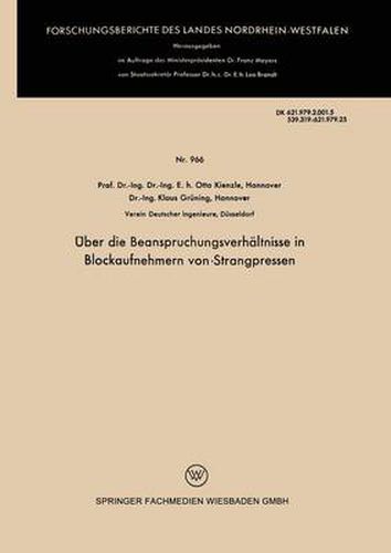 Cover image for UEber Die Beanspruchungsverhaltnisse in Blockaufnehmern Von Strangpressen