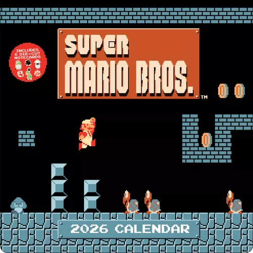Cover image for Super Mario Bros. 8-Bit Retro 2026 Wall Calendar + 6 Bonus Die-Cut Notecards