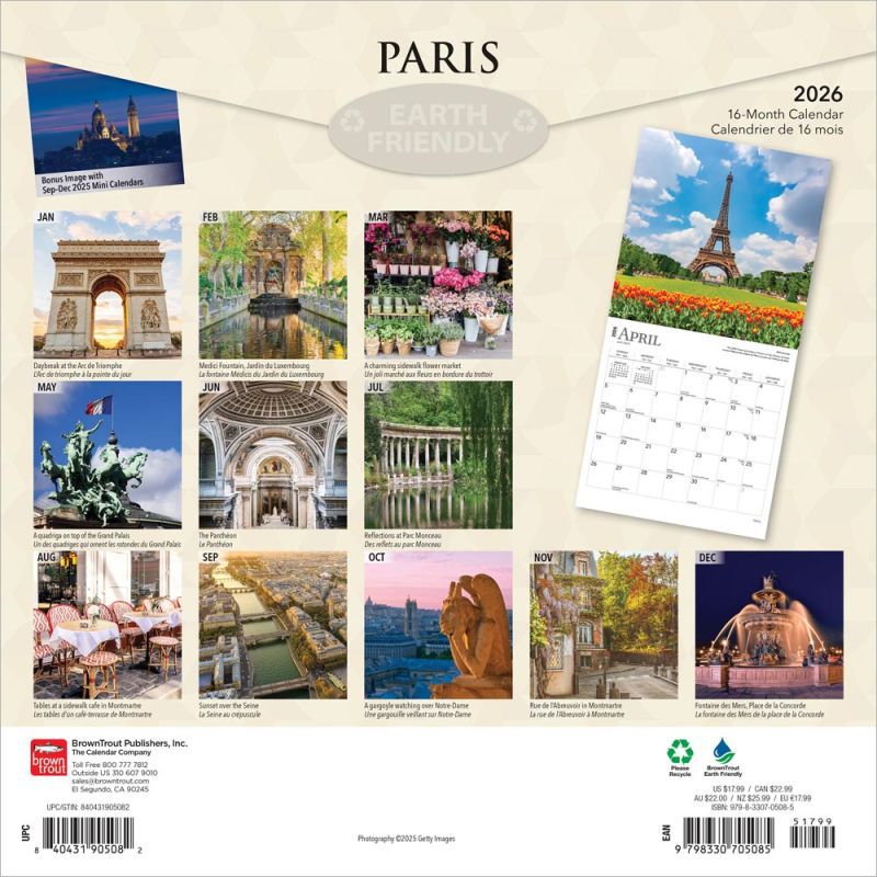 Paris 2026 12 X 24 Inch (Hanging) Monthly Square Wall Calendar Foil Stamped Cover English/French Bilingual Plastic-Free
