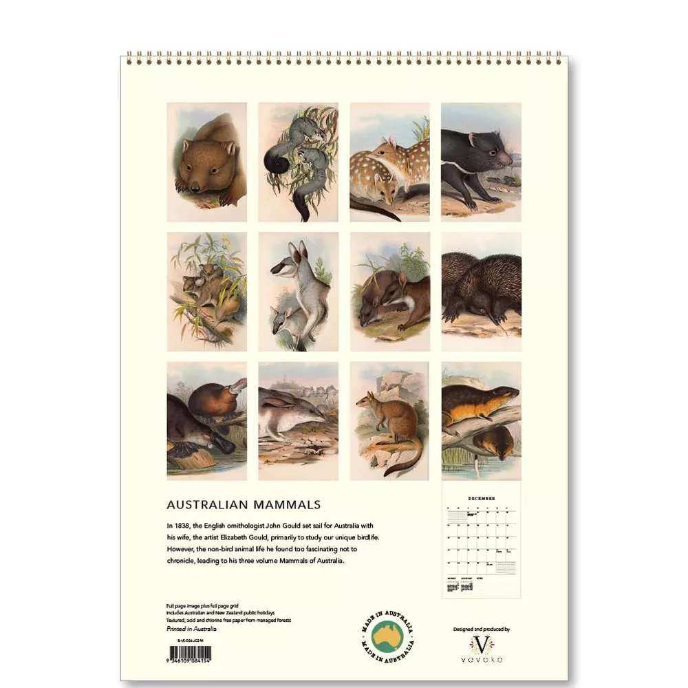 Australian Mammals John Gould Medium 2026 Calendar