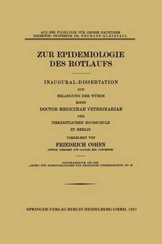 Cover image for Zur Epidemiologie Des Rotlaufs: Inaugural-Dissertation