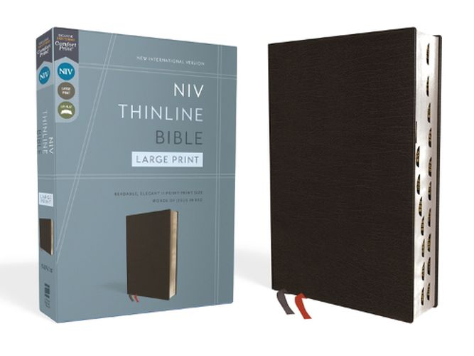 Cover image for NIV, Thinline Bible, Large Print, Bonded Leather, Black, Red Letter, Thumb Indexed, Comfort Print