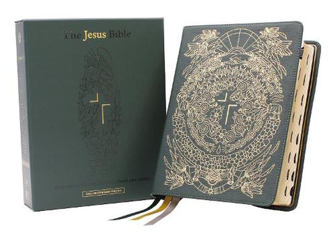 Cover image for The Jesus Bible Artist Edition, ESV, Genuine Leather, Calfskin, Green, Limited Edition, Thumb Indexed