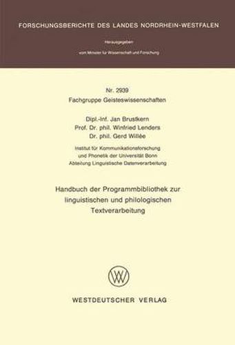 Cover image for Handbuch Der Programmbibliothek Zur Linguistischen Und Philologischen Textverarbeitung