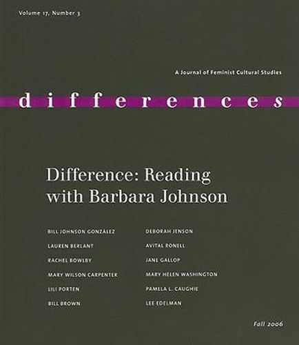 Cover image for Difference: Reading with Barbara Johnson