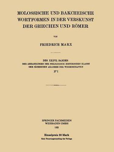 Cover image for Molossische Und Bakcheische Wortformen in Der Verskunst Der Griechen Und Roemer