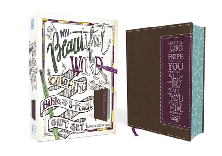 Cover image for NIV, Beautiful Word Coloring Bible and 8-Pencil Gift Set, Leathersoft, Brown/Purple: Hundreds of Verses to Color
