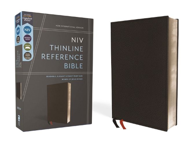 Cover image for NIV, Thinline Reference Bible, Genuine Leather, Calfskin, Black, Red Letter, Art Gilded Edges, Comfort Print