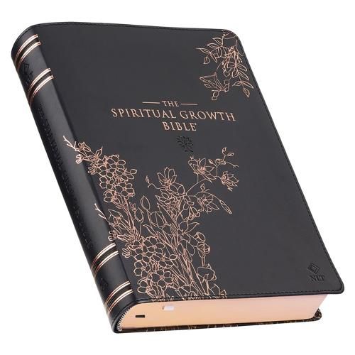 Cover image for The Spiritual Growth Bible, Study Bible, NLT - New Living Translation Holy Bible, Faux Leather, Black Rose Gold Debossed Floral