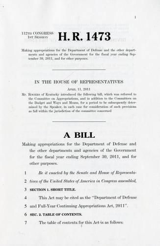 Cover image for H.R. 1473, Making Appropriations for the Department of Defense and the Other Departments and Agencies of the Government for the Fiscal Year Ending September 30, 2011, and for Other Purposes