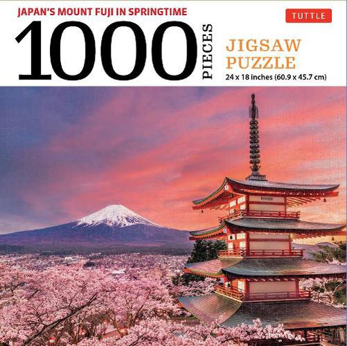 Cover image for Mount Fuji Japan Jigsaw Puzzle - 1,000 pieces: Snowcapped Mount Fuji and Chureito Pagoda in Springtime (Finished size 24 in X 18 in)