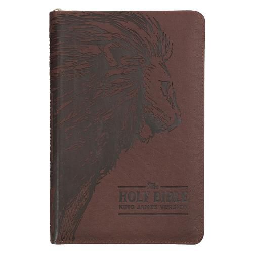 Cover image for KJV Holy Bible, Standard Size Faux Leather Red Letter Edition - Thumb Index & Ribbon Marker, King James Version, Brown Lion Zipper Closure