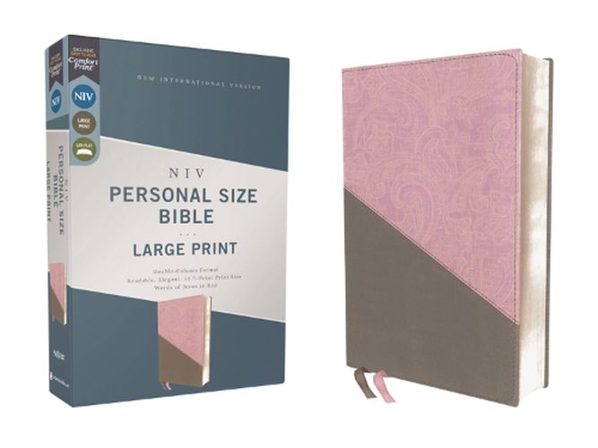 Cover image for NIV, Personal Size Bible, Large Print, Leathersoft, Pink/Gray, Red Letter, Thumb Indexed, Comfort Print