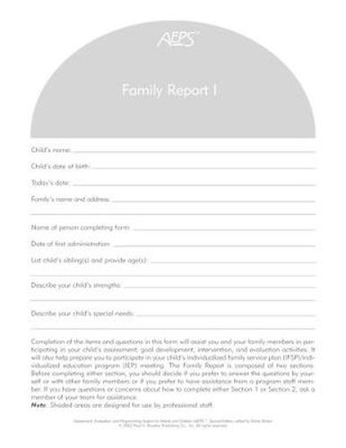 Cover image for Assessment, Evaluation, and Programming System for Infants and Children (AEPS (R)): Family Report I: Birth to Three Years