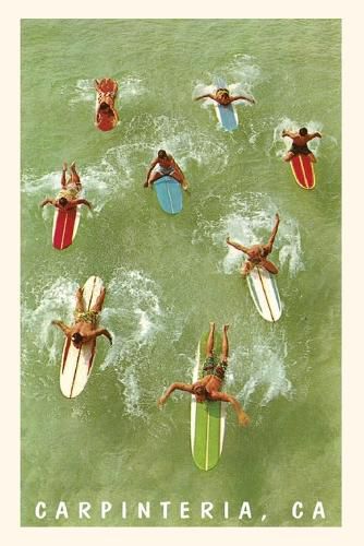 Cover image for The Vintage Journal Colorful Surfers and Surf Boards in Green Water, Carpinteria