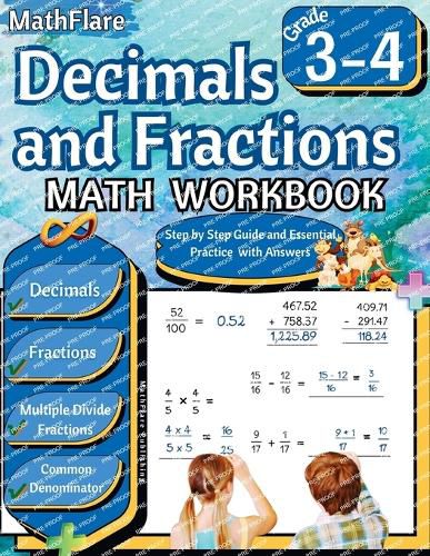 Cover image for Decimals and Fractions Math Workbook 3rd and 4th Grade