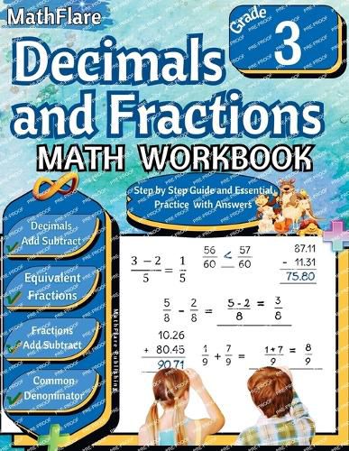 Cover image for Decimals and Fractions Math Workbook 3rd Grade