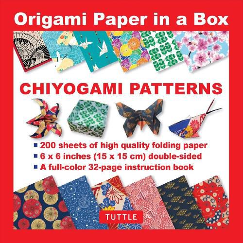 Cover image for Origami Paper in a Box - Chiyogami Patterns: 200 Sheets of Tuttle Origami Paper: 6x6 Inch Origami Paper Printed with 12 Different Patterns: 32-page Instructional Book of 12 Projects