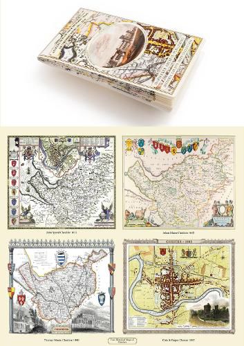 Cover image for A Cheshire 1611 - 1840 - Fold Up Map that features a collection of Four Historic Maps, John Speed's County Map 1611, Johan Blaeu's County Map of 1648, Thomas Moules County Map of 1840 and Cole and Roper's Plan of the City of Chester 1805.