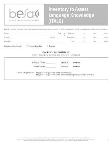 Cover image for Bilingual English-Spanish Assessment (TM) (BESA (TM)): Inventory to Assess Language Knowledge (ITLAK)