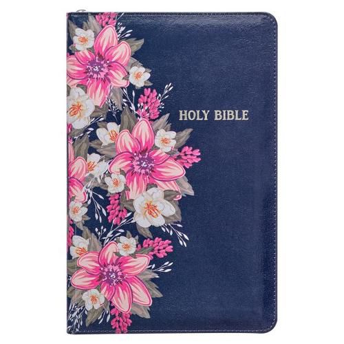 Cover image for KJV Holy Bible Standard Size Faux Leather Red Letter Edition - Thumb Index & Ribbon Marker, King James Version, Blue Floral, Zipper Closure