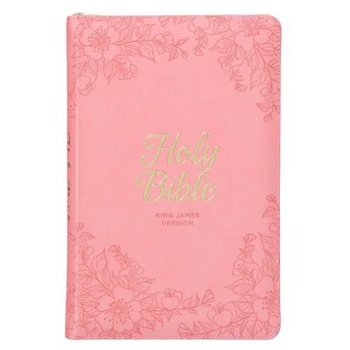 Cover image for KJV Holy Bible, Standard Size Faux Leather Red Letter Edition - Thumb Index & Ribbon Marker, King James Version, Pink Floral Zipper Closure