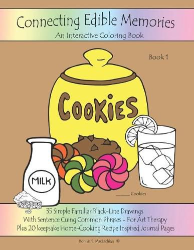 Cover image for Connecting Edible Memories - Book 1: Interactive Coloring and Activity Book For People With Dementia, Alzheimer's, Stroke, Brain Injury and Other Cognitive Conditions. 35 Simple BLACK-LINE Drawings With Sentence Cuing Common Phrases.