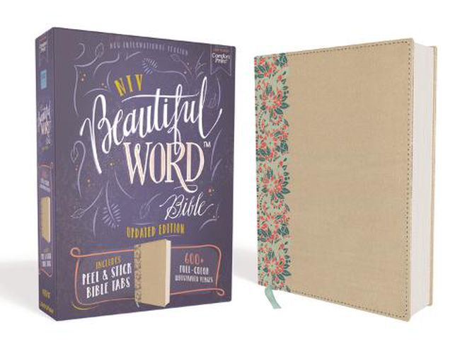 Cover image for NIV, Beautiful Word Bible, Updated Edition, Peel/Stick Bible Tabs, Leathersoft over Board, Gold/Floral, Red Letter, Comfort Print: 600+ Full-Color Illustrated Verses