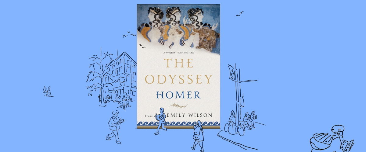 The Odyssey book cover on a blue background, amongst an illustrated streetscape.