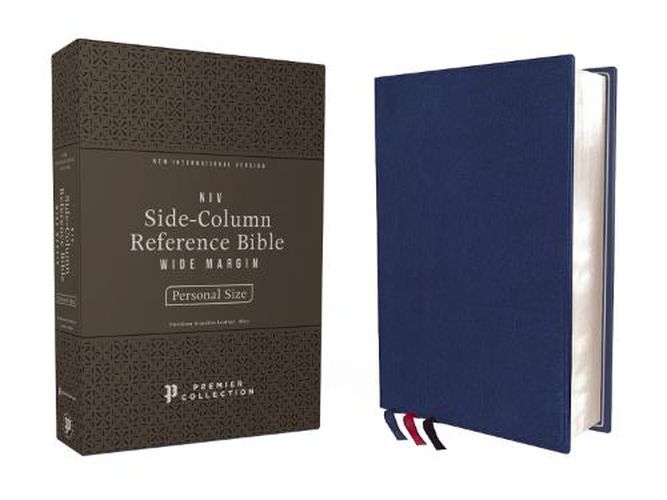 Cover image for NIV, Side-Column Reference Bible, Personal Size, Premium Goatskin Leather, Blue, Premier Collection, Art Gilded Edges, Comfort Print