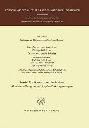 Cover image for Rekristallisationstexturen Hochreiner Aluminium-Mangan- Und Kupfer-Zink-Legierungen