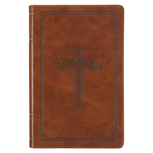 KJV Holy Bible, Standard Size Faux Leather Red Letter Edition Thumb Index, Ribbon Marker, King James Version, Honey Brown Cross Emblem